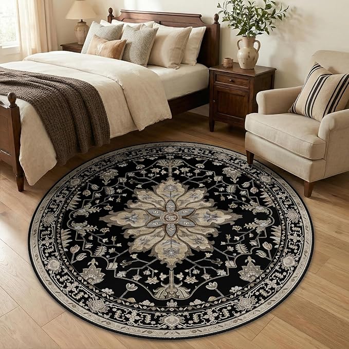 Area Rugs 5ft Washable Non-Slip, Floral Vintage Distress Print Pattern Medallion Carpet for Living Room Bedroom Dining Room, Black Brown Neutral Dark Tan