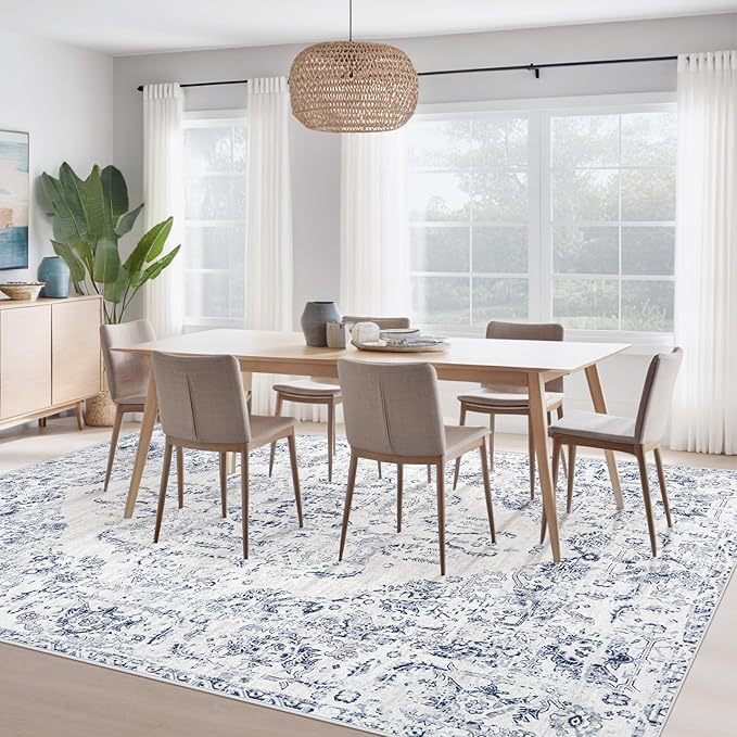 10x14 Area Rugs for Living Room: Washable Rug Vintage Large Rugs Soft Non Slip Low Pile Rug Floral Distressed Floor Carpet for Bedroom Nursery Dining Room Home Office (Blue,10'x14')