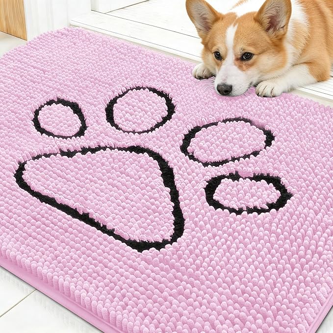 OLANLY Dog Door Mat for Muddy Paws 30x20, Paw Print Design, Absorbs Moisture and Dirt, Absorbent Non-Slip Washable Doormat, Quick Dry Chenille Mud Mat for Dogs, Entry Indoor Entryway Carpet, Pink