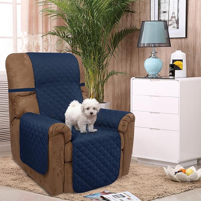 U-NICE HOME Recliner Chair Covers Reversible Quilted Water Repellent Pet Protectors with Elastic Straps (23''Recliner Small, Navy/Taupe)