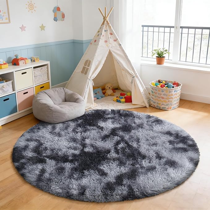 Tie-Dyed Black Fluffy Round Rug,Soft Area Rugs for Girls Room,Shaggy Rugs 6'X6' for Living Room,Non Slip Circle Rug for Kids Bedroom,Shag Plush Nursery Rug,Plush Carpet for Dorm,Cute Furry Room Decor