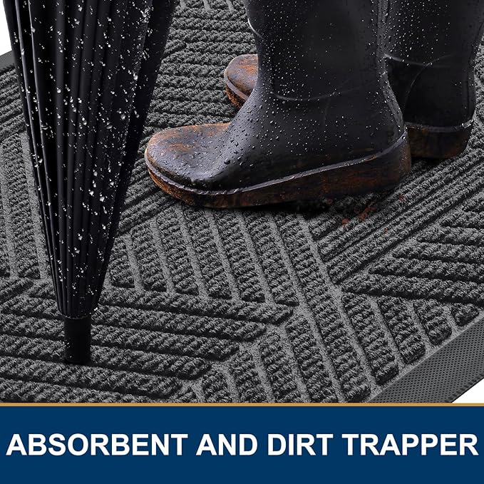 Smiry Front Door Mat Outside Entrance, Heavy Duty Sturdy Natural Rubber Doormat, Trap Dirt and Moisture, Easy Clean Low Profile Mats for Indoor Outdoor Entry, Irregular Triangle (47x32, Light Grey)