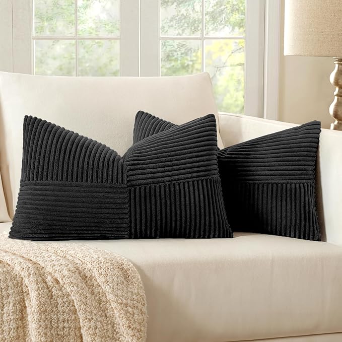 MIULEE Black Decorative Lumbar Throw Pillow Covers 12x24 Inch for Couch Bed Sofa Pack of 2 Boho Farmhouse Throw Pillows Soft Cross Corduroy Patchwork Textured Cushion Cases
