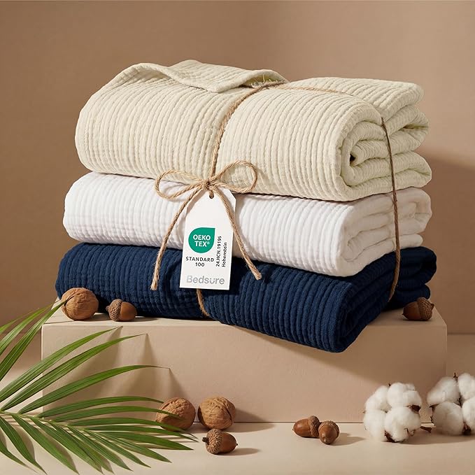 Bedsure 100% Cotton Muslin Throw Blanket Twin XL for Bed - 4-Layer Breathable and Lightweight Thin Soft Summer Gauze Muslin Blankets for Adults, Navy Blue, 66x90 Inches