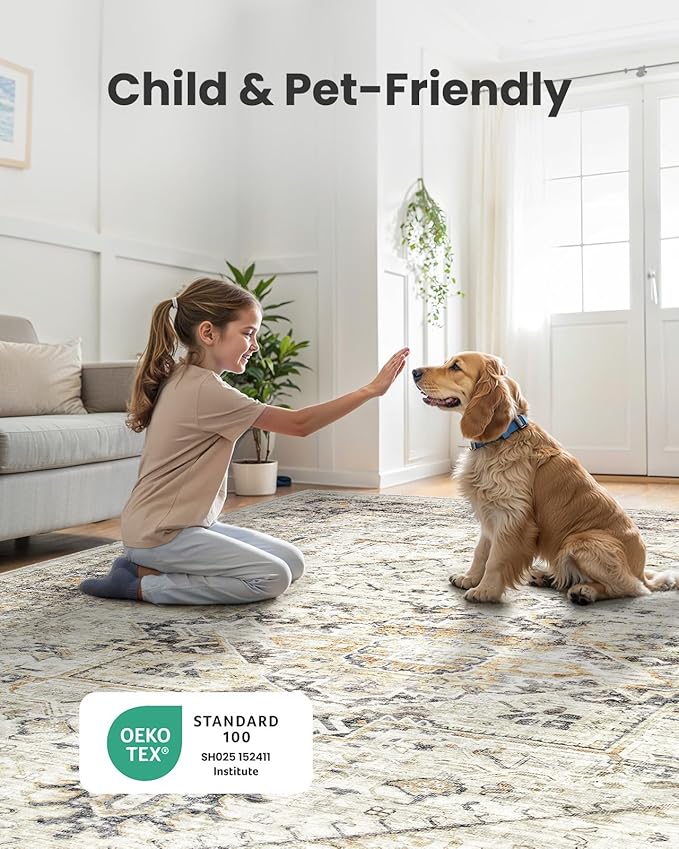 AMADA HOMEFURNISHING 5x7 Washable Area Rug, Low-Profile Living Room Rug with Non-Slip Backing & Durable Edge Binding, Large Area Rug, Vintage Rugs for Living Room, Bedroom, Dinning Room