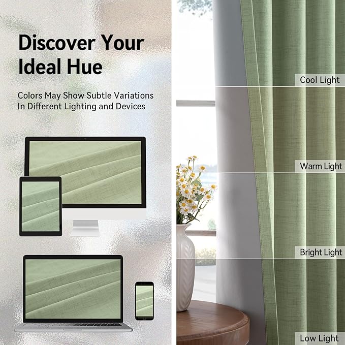 100% Blackout Shield Linen Blackout Curtains for Bedroom, Sage Green Grommet Curtains for Living Room, Thermal Insulated Room Darkening Drapes for Nursery, Boho Home Decor, 50" W x 90" L, 2 Panels