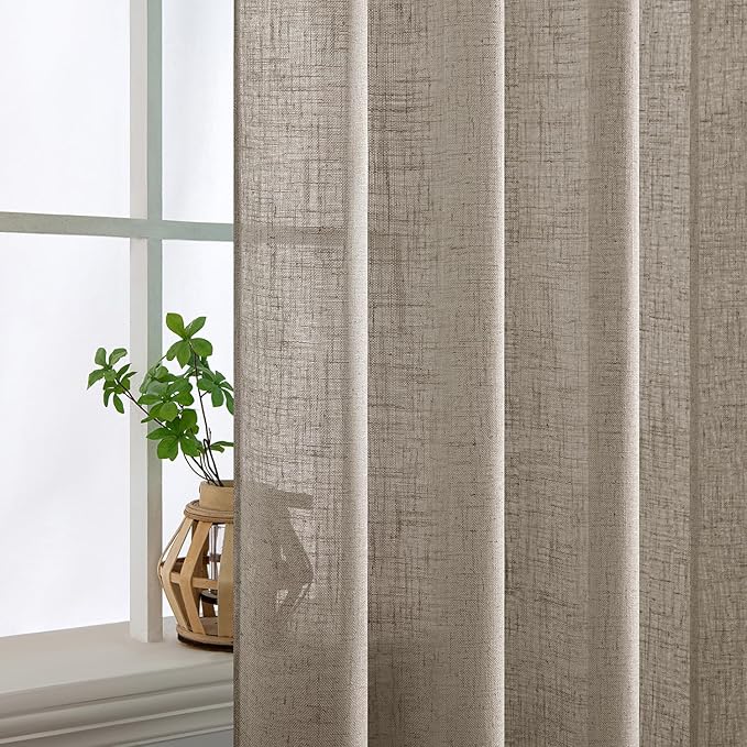 MIULEE Burlywood Birch Linen Curtains 96 Inches Long 2 Panels for Bedroom Living Room, Soft Linen Textured Window Drapes Semi Sheer Light Filtering Back Tab Rod Pocket Farmhouse Burlap Look Decor