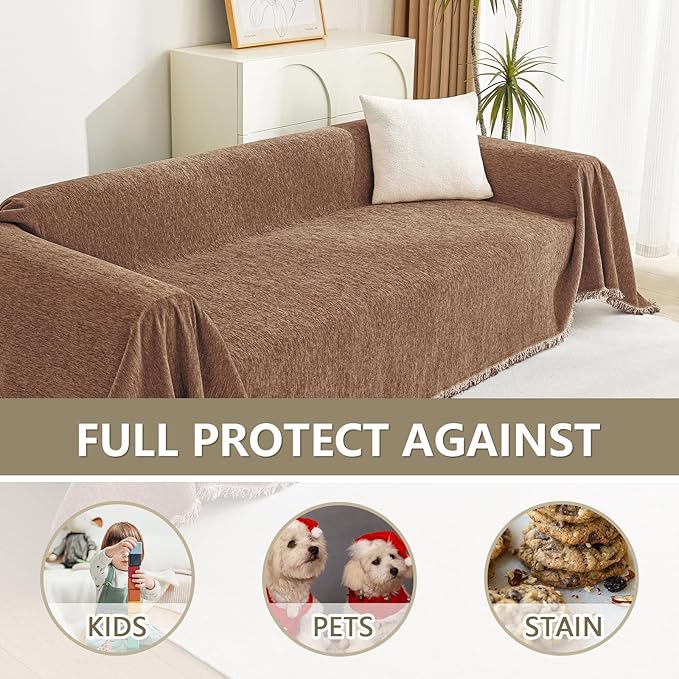 MYSKY HOME Boho Couch Cover Camel Sofa Covers with White Tassel Farmhouse Sofa Slipcover Simple Couch Protector for Dogs Chenille Sectional Couch Covers L Shaped Couch Cushion Covers, 91"x 134"