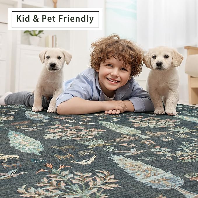 Washable Rugs 8x10 Area Rugs for Living Room,Bedroom,Dining Room- Large Ultra Soft Faux Wool Retro Carpet,Non Slip&Non-Shedding Low Pile Vintage Print Rug for Home Office Dorm-Dark Green