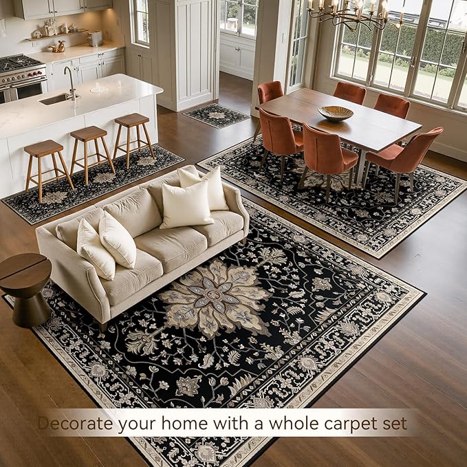Area Rugs 7'x9' Washable Non-Slip, Floral Vintage Distress Print Pattern Medallion Carpet for Living Room Bedroom Dining Room, Black Brown Neutral Dark Tan