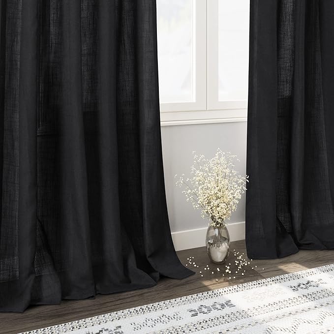 Nanspring Long Black Curtain 105 inches Long 2 Panels Set for Living Room Back Tab Modern Farmhouse Muslin Look Decor Cotton Textured Black Sheer Linen Curtains 105 inch Length for Large Window