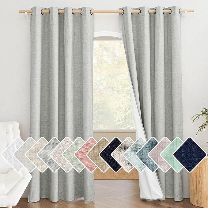 NICETOWN Grey Full Shade Room Warming Linen Curtain Panels 84 inches Long, Pair of Energy Smart & Noise Blocking Out Blackout Drapes for Guest Room Window, Thermal Insulated Lined Window Dressing