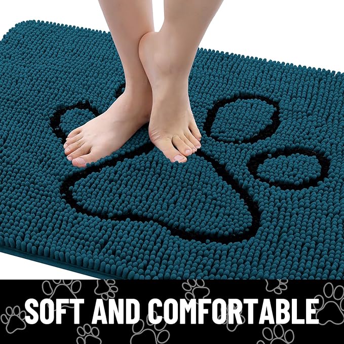Smiry Dog Door Mat for Muddy Paws, Absorbent Dirt Trapper Non Slip Quick Dry Washable Chenille Mat for Mud Dogs, Entry Rug for Indoor and Outdoor (30x20 Inches, Atlantic Blue and Black)