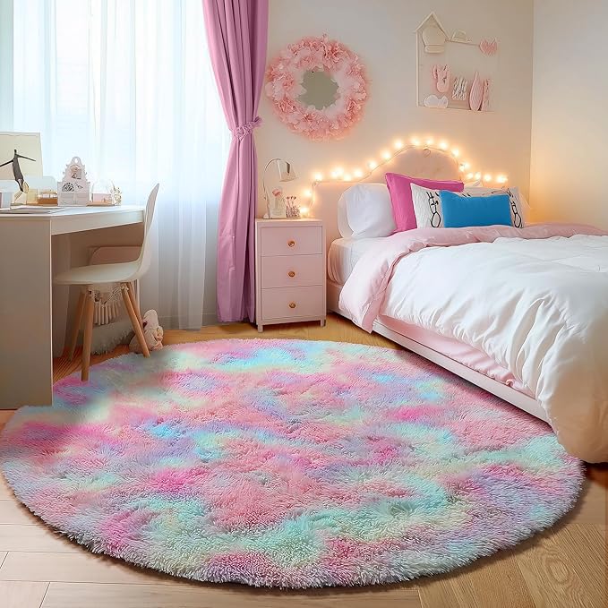 ONASAR Rainbow Round Rugs 6ft for Living Room Bedroom, Fluffy Circle Area Rug for Kids Girls Boys Teen, Soft Plush Shaggy Carpet for Nursery Dorm Classroom Playroom Home Decor Aesthetic