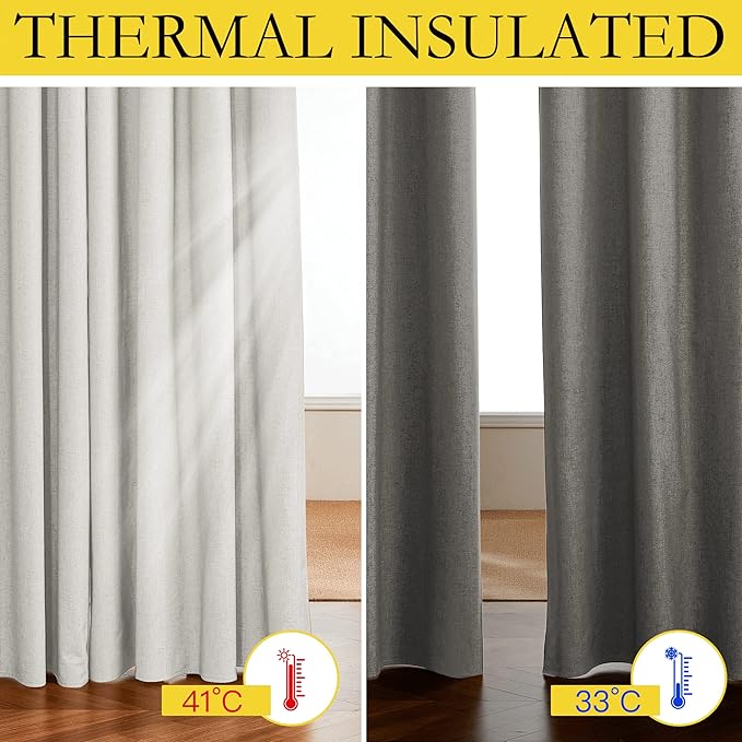 NICETOWN 100% Absolutely Blackout Linen Curtains with Thermal Insulated White Liner, Ivory, W52, 2 Pieces, Noise Reducing Textured Linen Look Curtains for Windows 120 inch Length for Classroom