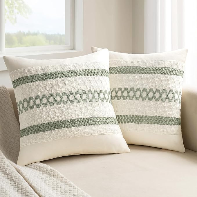 MIULEE Set of 2 Sage Green Boho Decorative Pillow Covers 24x24 Inch Farmhouse Rustic Couch Throw Pillows Modern Summer Cotton Cushion Covers Retro Cute Macrame Woven Spring Decor for Bed Sofa Chair