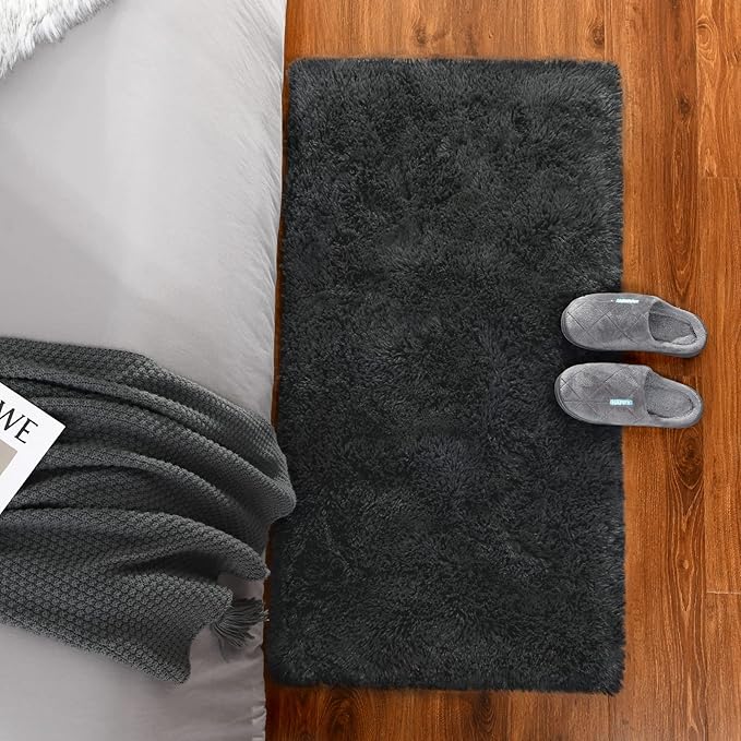 Chicrug Soft Runner Rug for Bedroom Living Room Plush Fluffy Rugs 2x4 Feet, Shag Furry Runner Rug Carpet Non Shedding for Nursery Children Kids Girls Room Home Decorative, Dark Grey