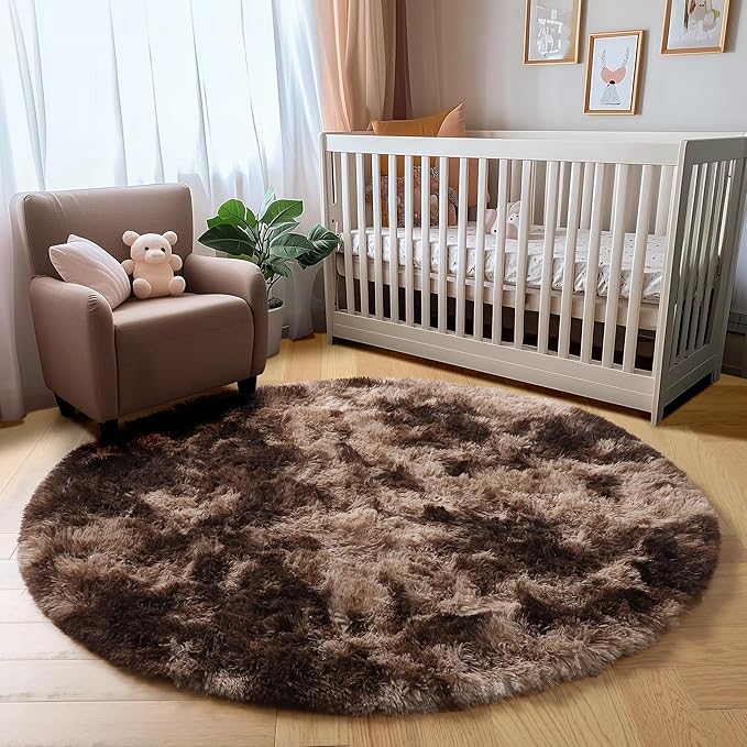 Amdrebio Tie-Dyed Brown Round Circle Rugs 4Ft for Bedroom, Fluffy Shag Plush Area Rugs for Kids Room, Living Room Decor Aesthetic, Fuzzy Fur Throw Floor Carpet for Playroom Preppy Dorm Baby Nursery