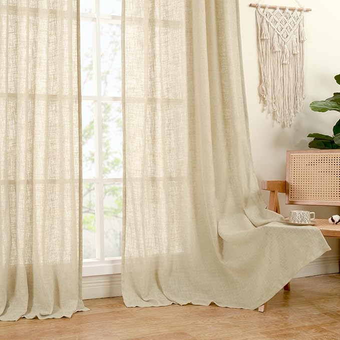 LAMIT Natural Linen Blended Curtains for Living Room, Back Tab and Rod Pocket Semi Sheer Curtains Light Filtering Country Rustic Drapes for Bedroom/Farmhouse, 2 Panels, 52 x 108 Inch, Linen