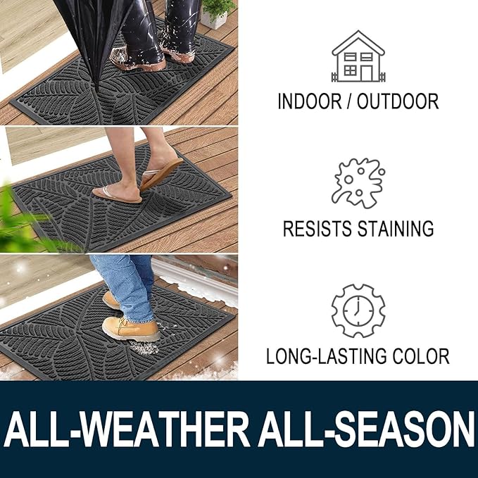 Colorxy Waterproof Doormat, Sturdy Natural Rubber Front Indoor Mat, Non Slip Low Profile Outdoor Door Mats, Stain and Fade Resistant Floor Mats, Easy Clean Patio Entry Mat, 36''x24'', Light Grey