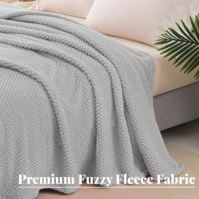 Whale Flotilla Queen Size Fuzzy Fleece Blanket for Bed, 90x90 Inch Fluffy Warm Soft Jacquard Blankets for All Season, Lightweight and Cozy, Light Grey