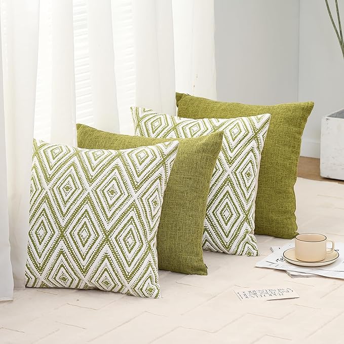 HPUK Decorative Throw Pillow Covers Set of 4 Geometric Design Linen Cushion Cover for Couch Sofa Living Room, 20"x20" inches, Green