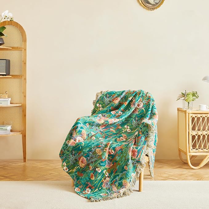 MSGKV Boho Throw Blanket 60"x80" Floral Blankets for Bed 100% Cotton Twin Size Couch Blanket Lightweight Farmhouse Muslin Spring Breathable Home Decor All Seasons