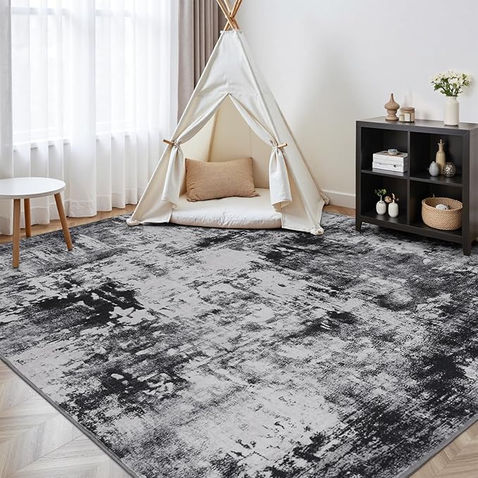 Rugflix 8x10 Area Rugs for Living Room, Black Grey Large Rug Stain-Resistant Low Pile, Big Washable Dark Carpet Non-Slip for Bedroom Dining Room Home Office Nursery Room