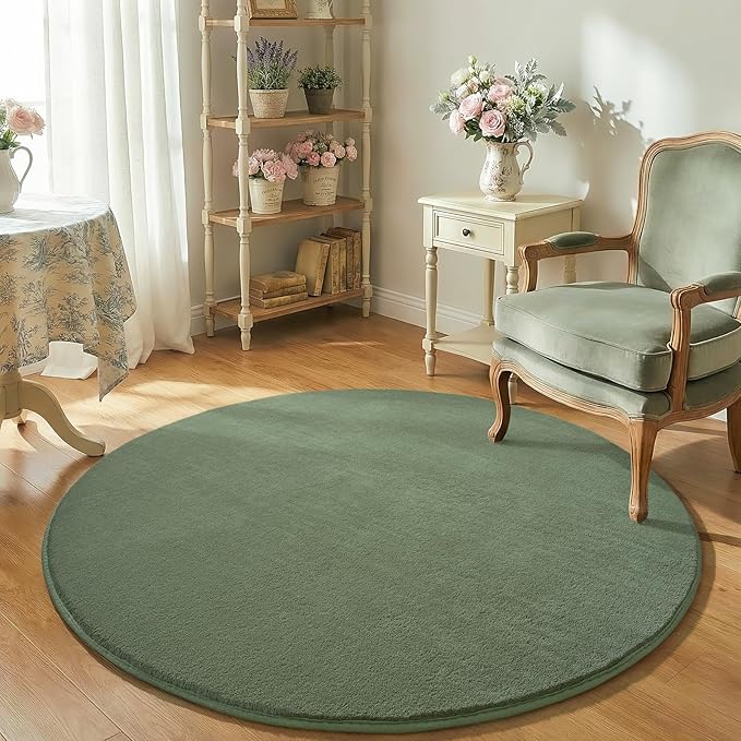 Amearea Sage Green Round Area Rugs 4ft Washable Circle Rugs for Bedroom Living Room, Fluffy Indoor Thickened Memory Foam Rug, Non Slip Minimalist Circular Carpet for Kids Boy Girl Dorm Nursery Room