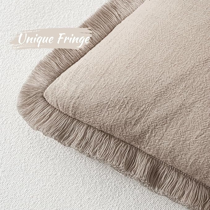 MIULEE Decorative Throw Pillow Covers Neutral Linen Fringe Throw Pillows Set of 2 Natural Linen Boho Farmhouse Cushion Covers with Tassels for Couch Sofa Bed Spring Home Decor 26x26 Inch