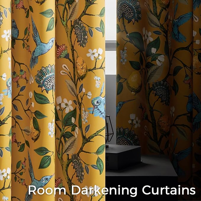 Extra Long 120 Inches Curtains for Large Window Luxury Mustard Yellow Floor To Ceiling Blackout Vintage Floral Hummingbird Fancy Grommet Drop Cloth Damask Drape for Living Room Dining 2 Pages 10 FT