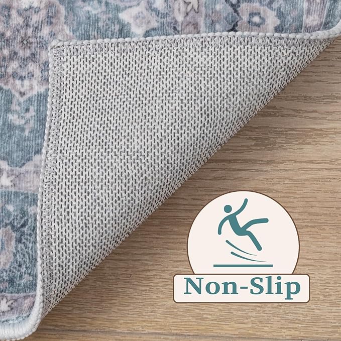 SERISSA 3x5 Boho Floral Area Rugs for Bedroom, Washable Kitchen Rugs Non-Slip, Ultra Soft Print Distressed Vintage Blue Grey Entry Rug Low-Pile Throw Rug Carpet for Bedroom Living Room Dorm Decor