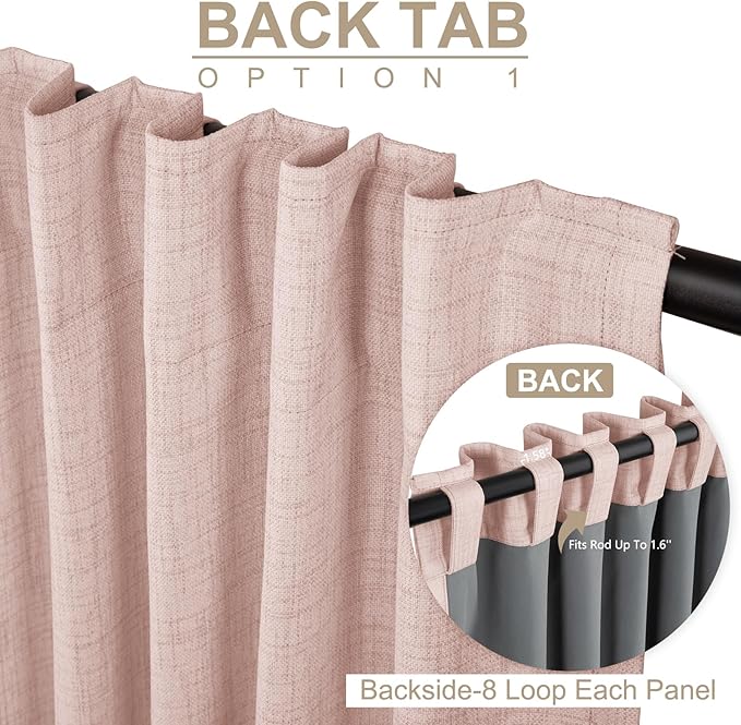 100% Blackout Shield Light Pink Linen Blackout Curtains for Bedroom 96 Inches Long, Back Tab/Rod Pocket Living Room Drapes, Thermal Insulated Blackout Curtains 2 Panels Set, 50" W x 96" L