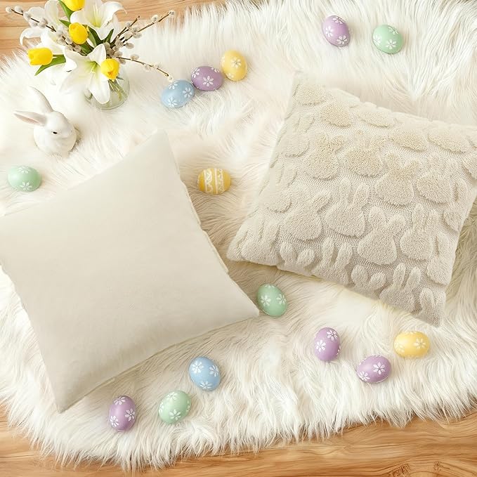 decorUhome Easter Bunny Pillow Covers 20x20 Inch Set of 2, Soft Plush Faux Wool Jacquard Beige Rabbit Cushion Covers, Farmhouse Neutral Spring Easter Holiday Decor for Couch Sofa Bed