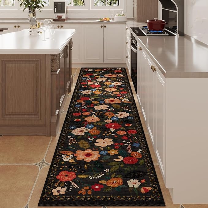 Rugcomf Runners for Hallways Kitchen Rug Non Slip 2'x 10' Long Washable Runner Rugs with Rubber Backing Soft Floral Carpet Runner for Hallways, Kitchen, Laundry, Bedroom, Bathroom(Black)