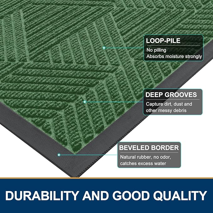 Smiry Front Door Mat Outside Entrance, Heavy Duty Sturdy Natural Rubber Doormat, Trap Dirt and Moisture, Easy Clean Low Profile Welcome Floor Mats for Indoor Outdoor Entry, 59x34 Inch, Green