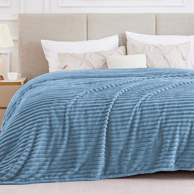 BEDELITE Full Size Blanket for Bed, 300GSM Soft & Warm Fleece Light Blue Blanket, Decorative and Giftable Striped Blankets for Women, Men, 84"x90"