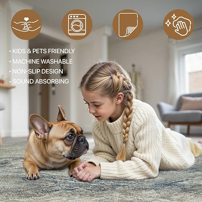 BEIMO Area Rugs 8x10 for Living Room Bedroom, Modern Abstract Machine Washable Rug, Large Soft Low Pile Floor Carpet with Non Slip Backing for Dining Room, Light Gray Blue