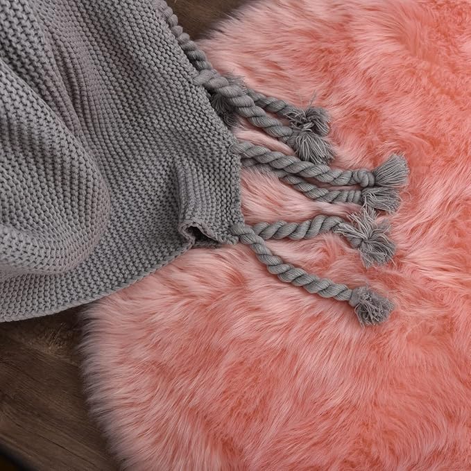 ORINOVA Pink Washable Shag Round Rugs 6.6ft Soft Plush Faux Sheepskin Fuzzy Fur Rugs for Bedroom Large Circle Fluffy Nursery Rug