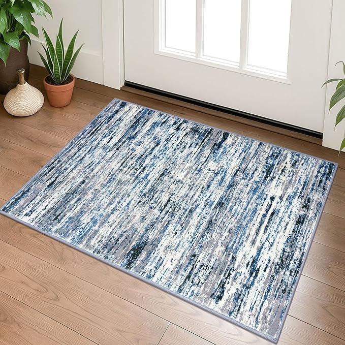Lansny Modern Abstract Entryway Rug Indoor 2x3 Washable Rug Non-Slip Soft Small Area Rug Grey Blue White Kitchen Mats Thin Print Faux Wool Floor Carpet Throw Rugs for Entrance Bedroom Home Decor