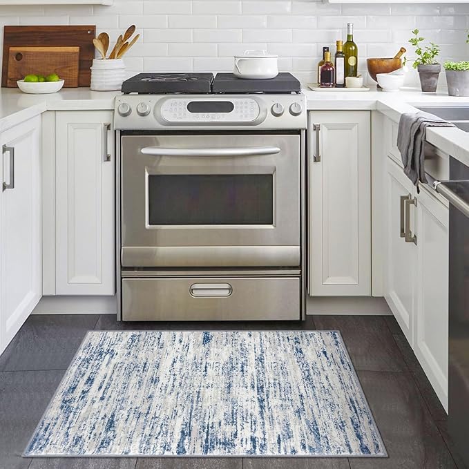 Lansny Modern Abstract Entryway Rug Indoor 2x3 Washable Rug Non-Slip Soft Small Area Rug Blue White Kitchen Mats Thin Print Faux Wool Floor Carpet Throw Rugs for Entrance Bedroom Office Home Decor