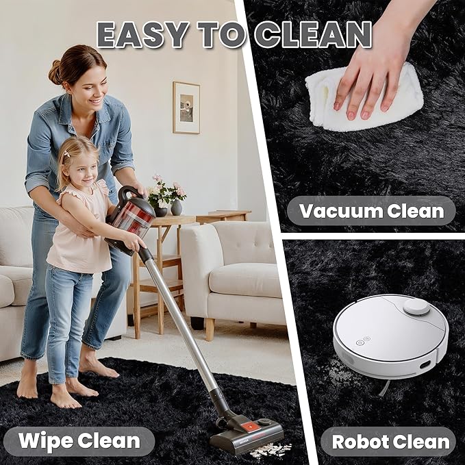2x6 Bedside Area Rugs for Bedroom: Soft Fluffy Shag Black Rug for Hallway, Non-Slip Fuzzy Plush Living Room Rug Indoor Floor Carpet for Kids Rooms, Dorm, Nursery, Modern Home Aesthetic Decor