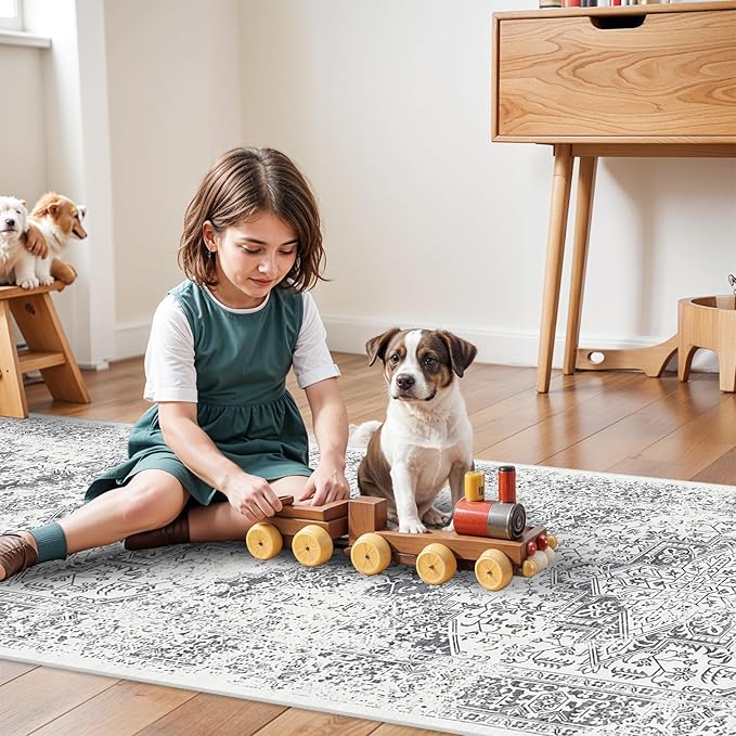 Hallway 2'6''x16' Runner Rug - Non-Slip Vintage Long Rug for Entryway Low-Pile Washable Medallion Runner Rugs for Hallway Waterproof Traditional Runner Rug Indoor Thin Rug for Kitchen (Grey)