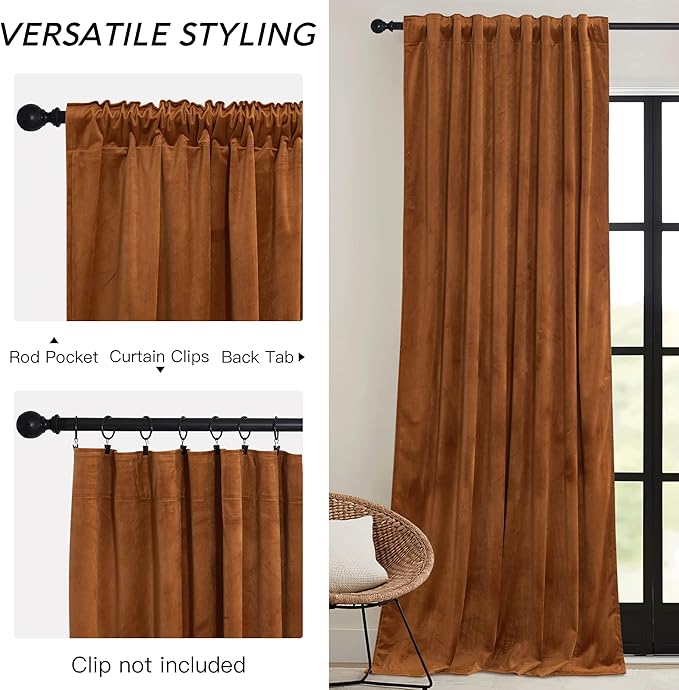 RYB HOME Orange Velvet Curtains 72 inches with Hook Belt, Soft Fabric Room Darkening Thermal Insulated Luxurious Home Decor Curtains for Living Room Bedroom, W 52" x L 72", 2 Panels Set
