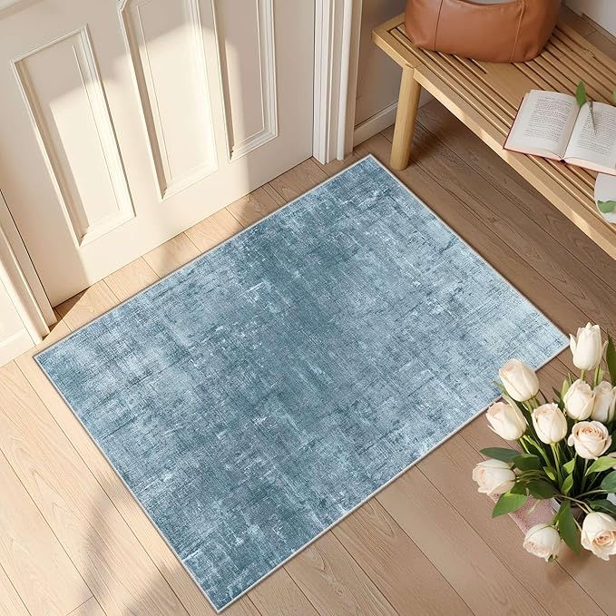 Latte&Fog 2x3 Entryway Rug, Small Modern Abstract Door Mat, Blue Washable Kitchen Rug, Boho Non Slip Low Pile Carpet for Indoor Kitchen, Entry, Front Door and Bathroom
