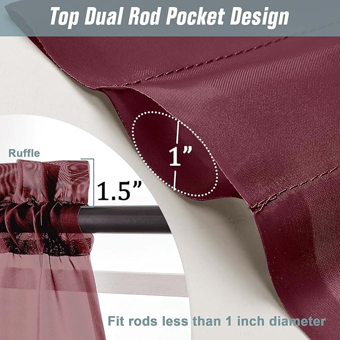 Burgundy Valances for Windows 14 inch Length 2 Panels Set, Small Voile Sheer Curtains for Bathroom, Soft Fabric Lightweight Light Filtering Kitchen Curtains, Dual Rod Pocket, 2x42Wx14L Inches