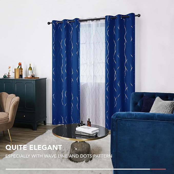 Deconovo Blackout Curtains, 38 x 90 Inch Drapes for Sliding Door with Wave Dot Silver Print, Soundproof Thermal Insulated Window Curtain for Bedroom Living Room, Set of 2, Machine Washable, Royal Blue