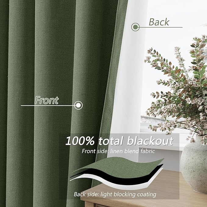 Guken Olive Green 100% Blackout Curtains 120 Inch Length 2 Panels Set for Living Room Bedroom Back Tab Thermal Insulated Black Out Linen Drapes Room Darkening Window Curtains
