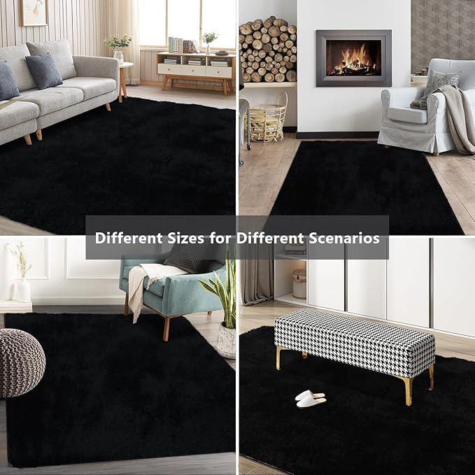 Shag Area Rugs for Bedroom Living Room,8X10 Ultra Soft Fluffy Area Rugs for Dorm, Indoor Carpet Nursery Rugs for Kids Room Home Decor, Black