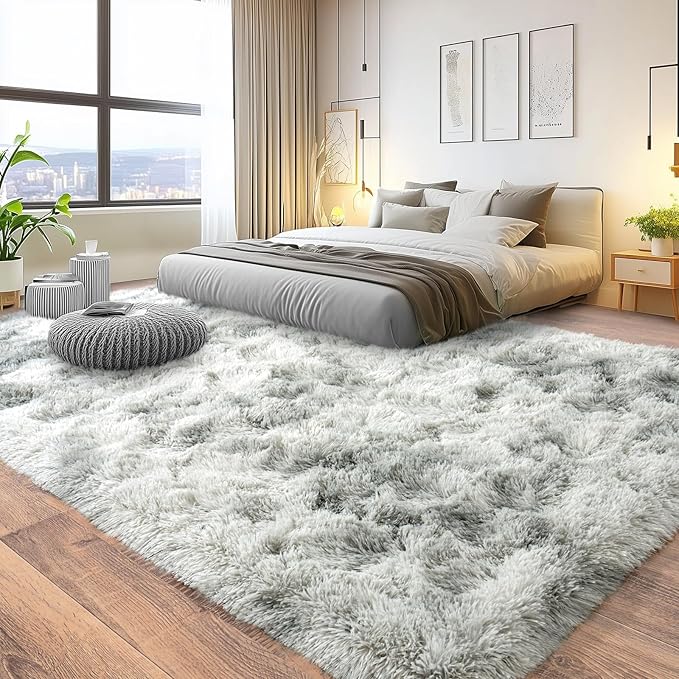 Pionblank 9x12 Area Rug, Large Area Rug for Living Room, Shag Rug for Bedroom, Soft Furry Non Slip Carpet for Kids Room Nursery Teens Dorm Home Decor, Tie Dye Grey